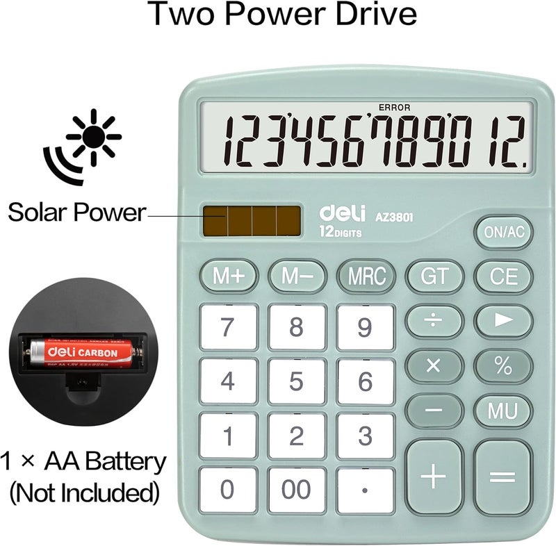 Deli آلة حاسبة، آلة حاسبة مكتبية ذات وظائف قياسية مع شاشة LCD كبيرة 12 رقم وزر حساس، طاقة مزدوجة بالطاقة الشمسية، خضراء - Image 4